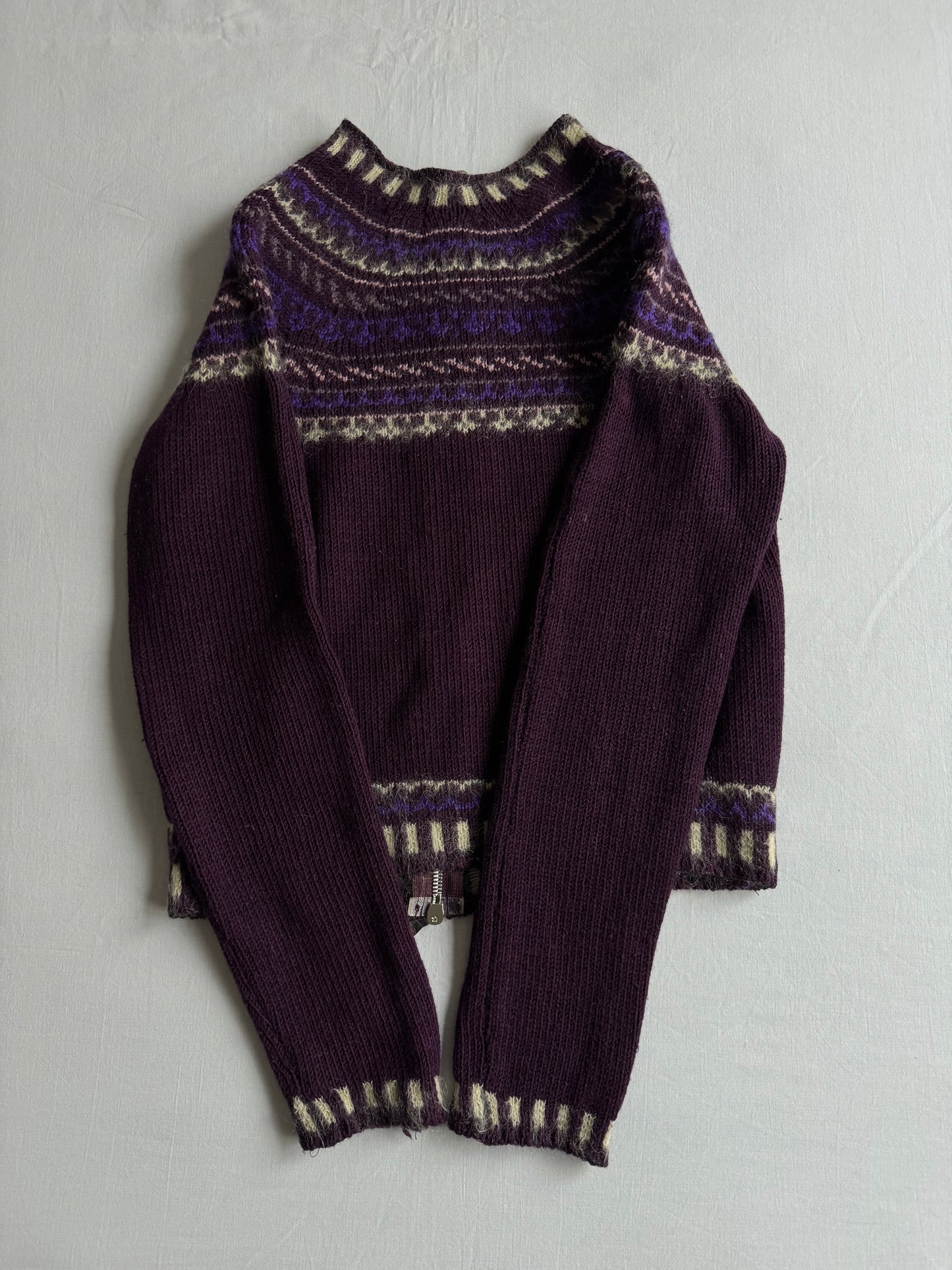 🧶 Pulover Y2K Damă Mov Închis cu Model Etnic și Fermoar – M