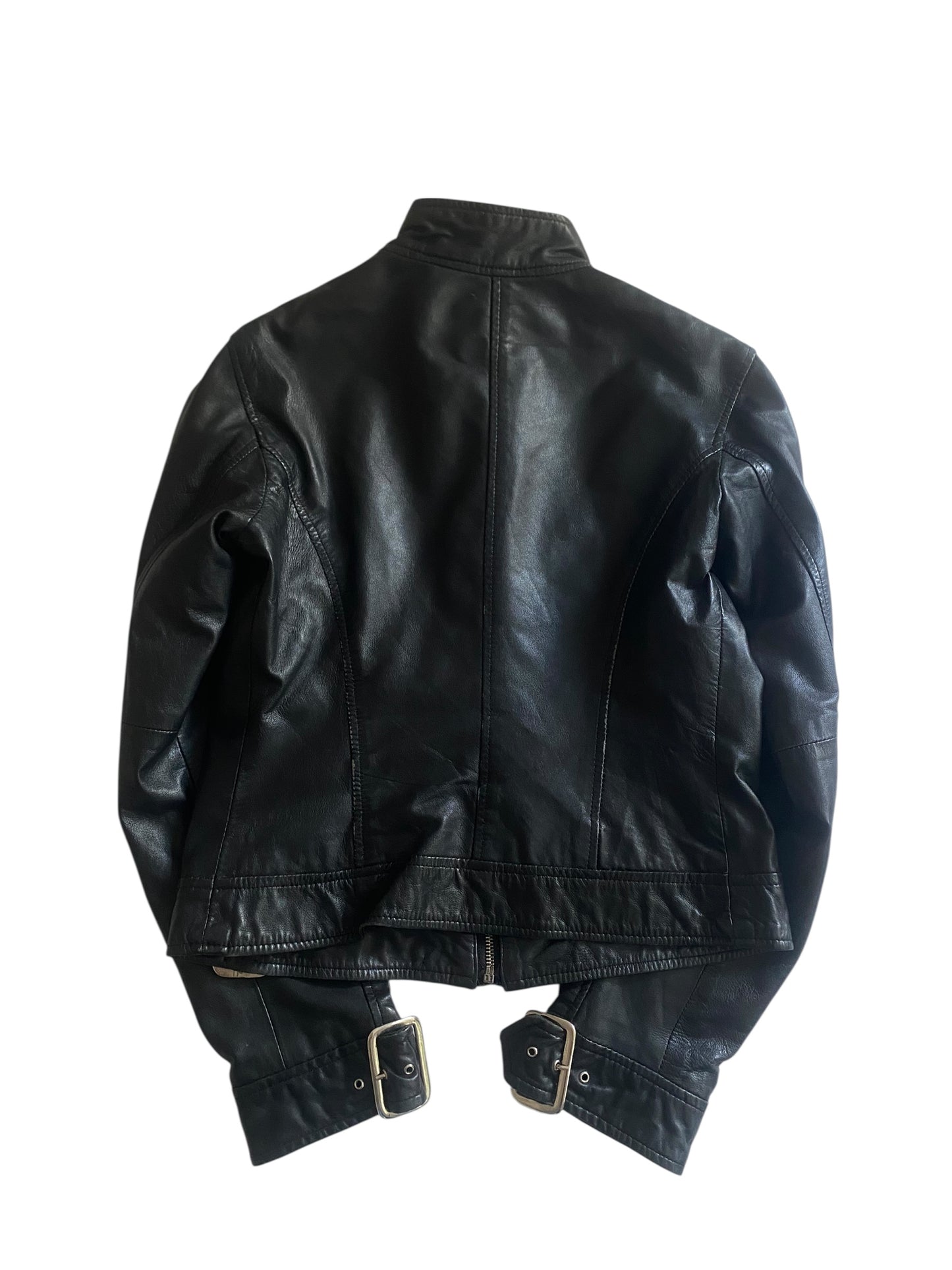 🧥 Geacă Vintage din Piele Neagră Cafe Racer – Mărimea M Femei – Made in India