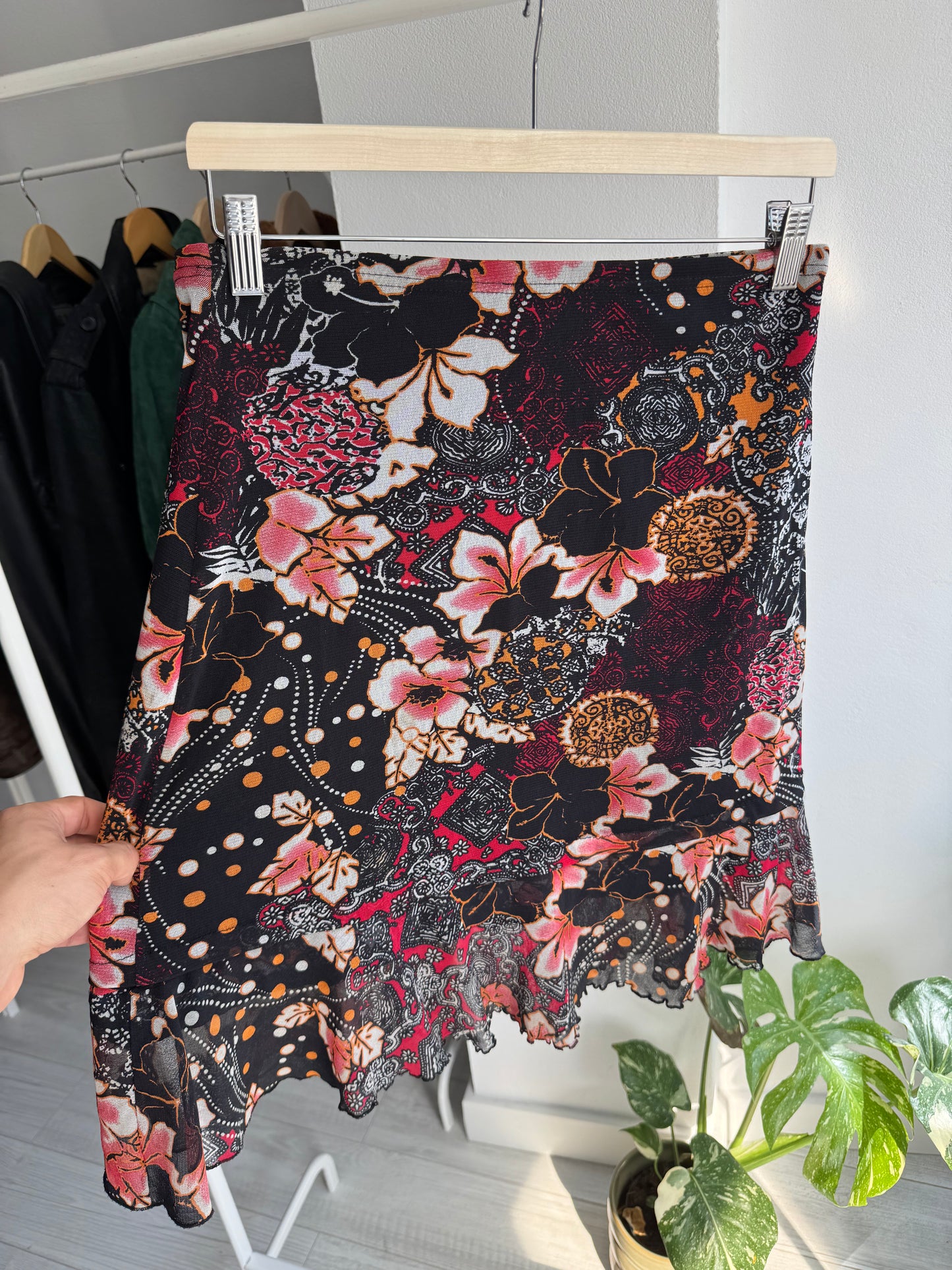 🌸 Fustă Y2K Floral Printed Mesh – S Damă