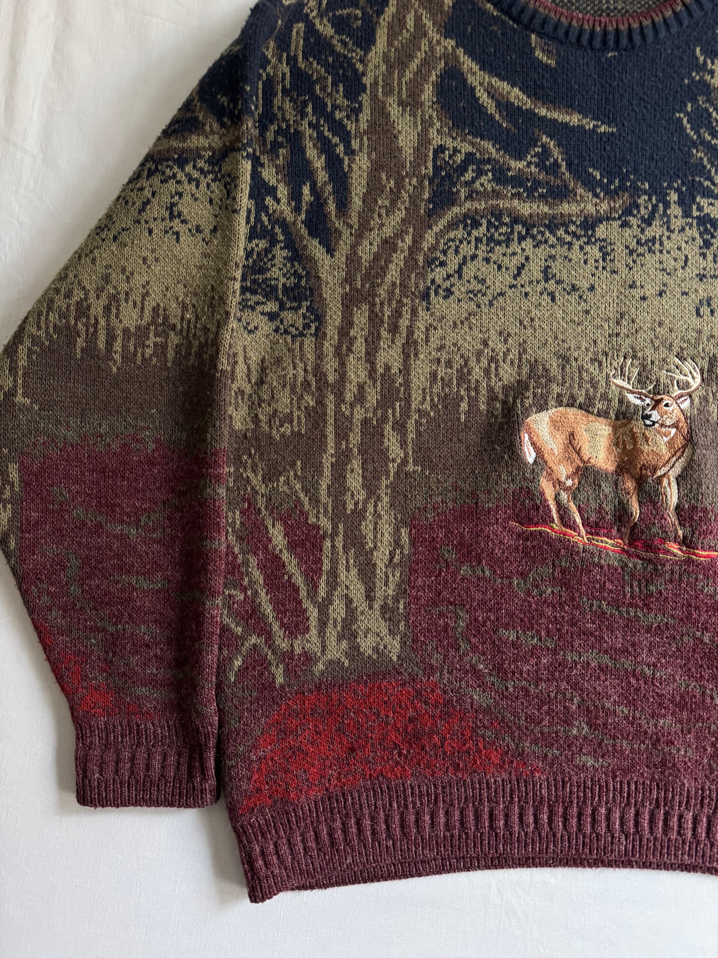 🦌 Pulover Vintage cu Broderie Căprioară – Mărimea L (fit oversized)