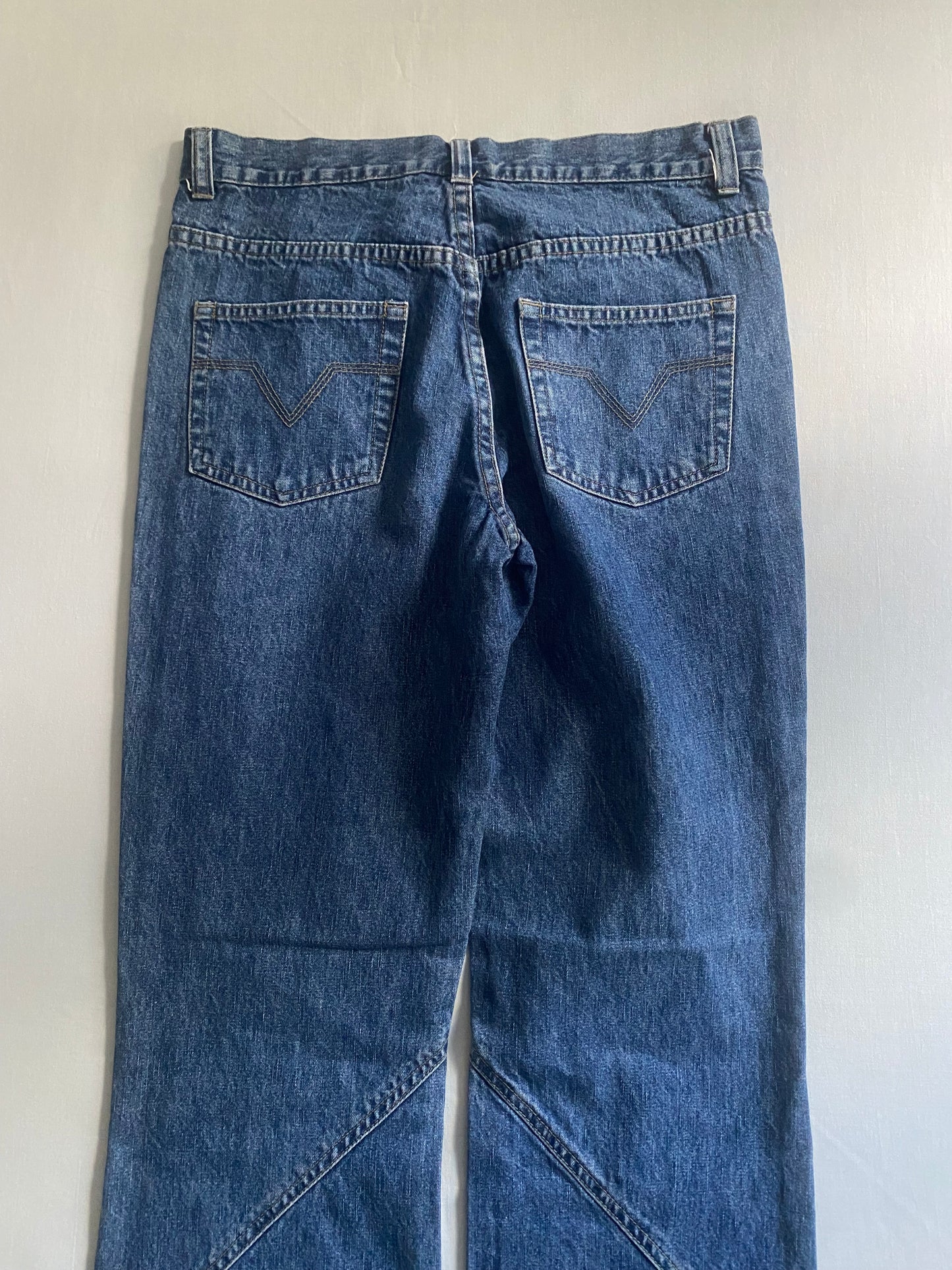 Pantaloni Y2K mix denim & catifea roșie – bootcut, mărime EU 36 (S)