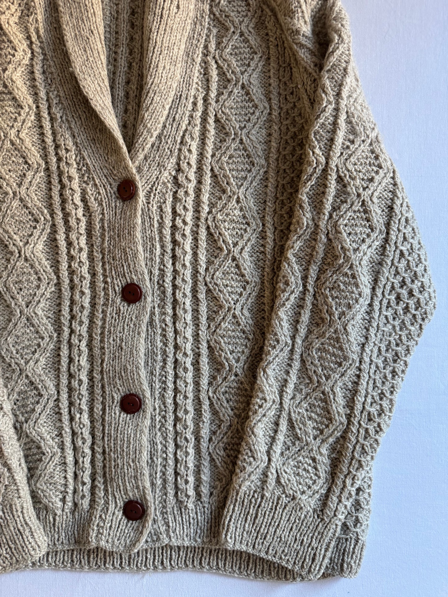 🧶 Cardigan vintage fisherman crem – 100% lână pură – mărimea L