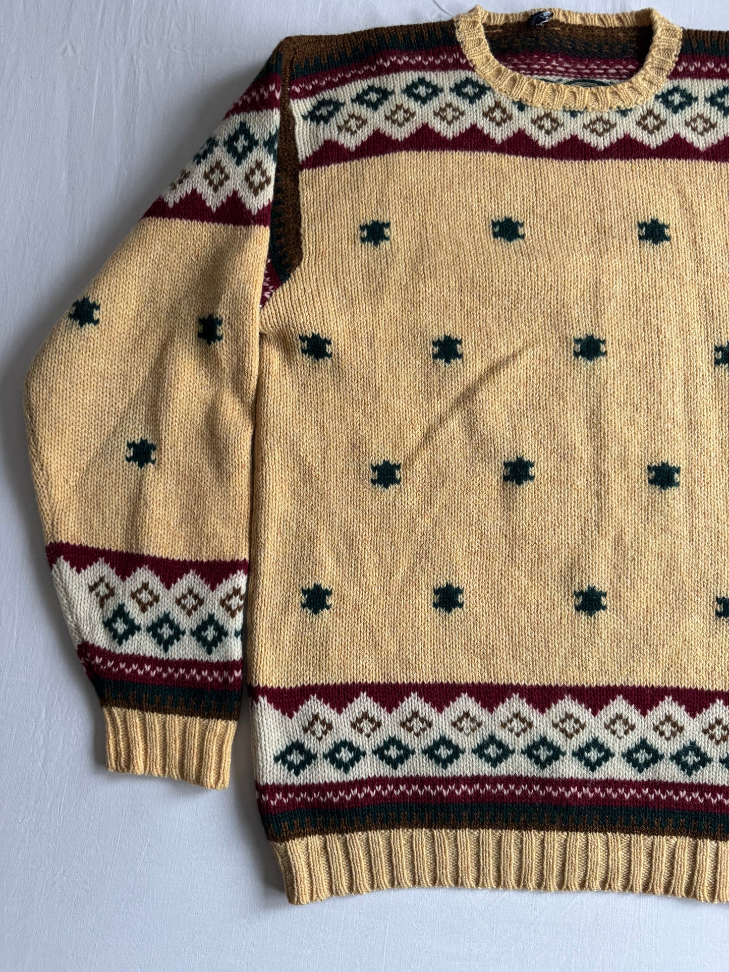 🧶 Pulover Vintage Bărbați Galben cu Model Etnic – L Oversized / XL