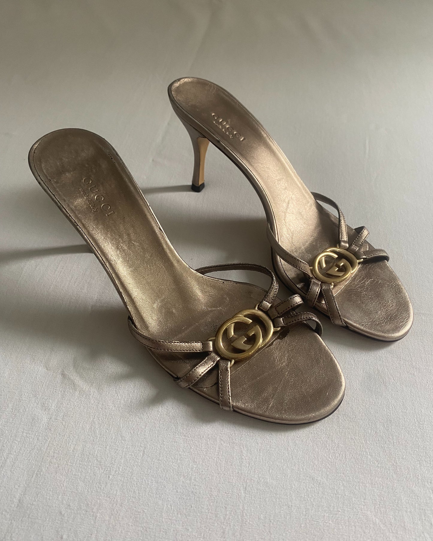 Vintage Gucci Double G Strappy Metallic Leather Sandal