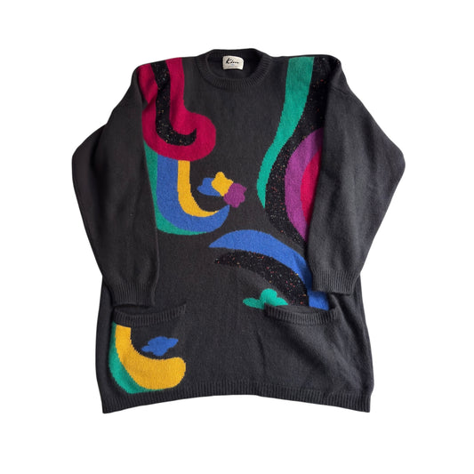 🌌 🧶 Pulover Lung Vintage cu Umeri Structurați – Print Abstract – Mărime M/L