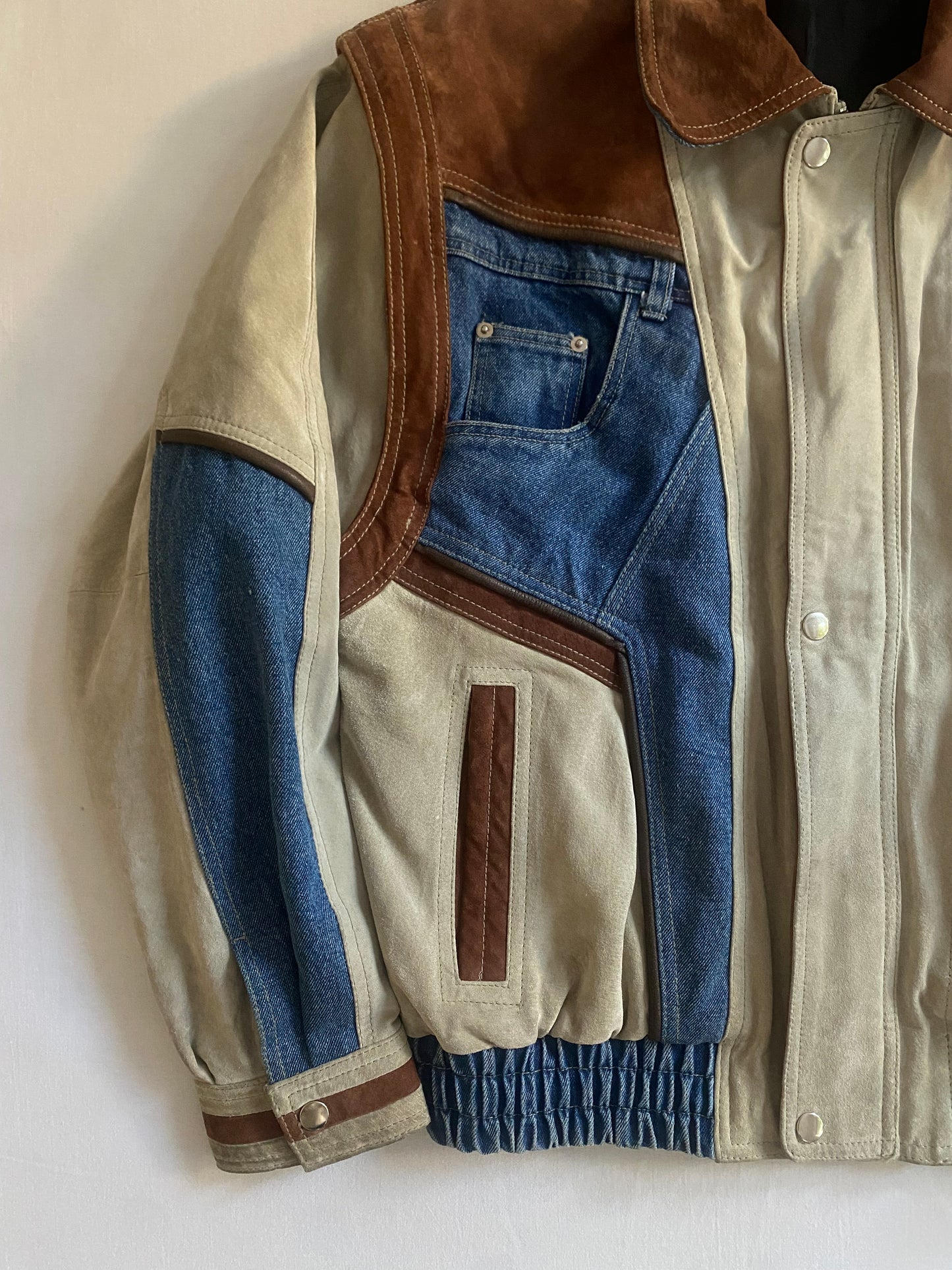 Jachetă Vintage Suede & Denim – Mâneci Detașabile – Mărime 48 (M, Oversized/Boxy Fit)