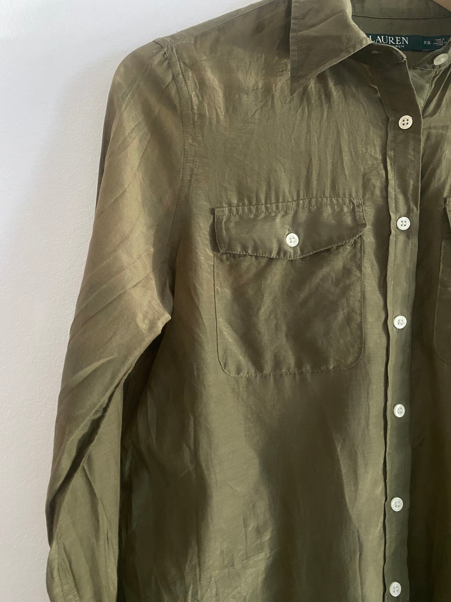 Cămașă Vintage Lauren by Ralph Lauren – Dark Olive – Bumbac & Mătase – Mărime XS