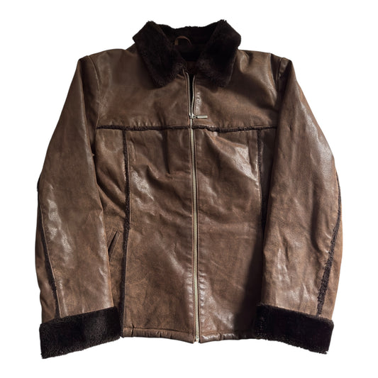 🧥 Geacă Y2K din Piele Naturală cu Căptușeală Faux Shearling – Mărime 42 (Women’s L)