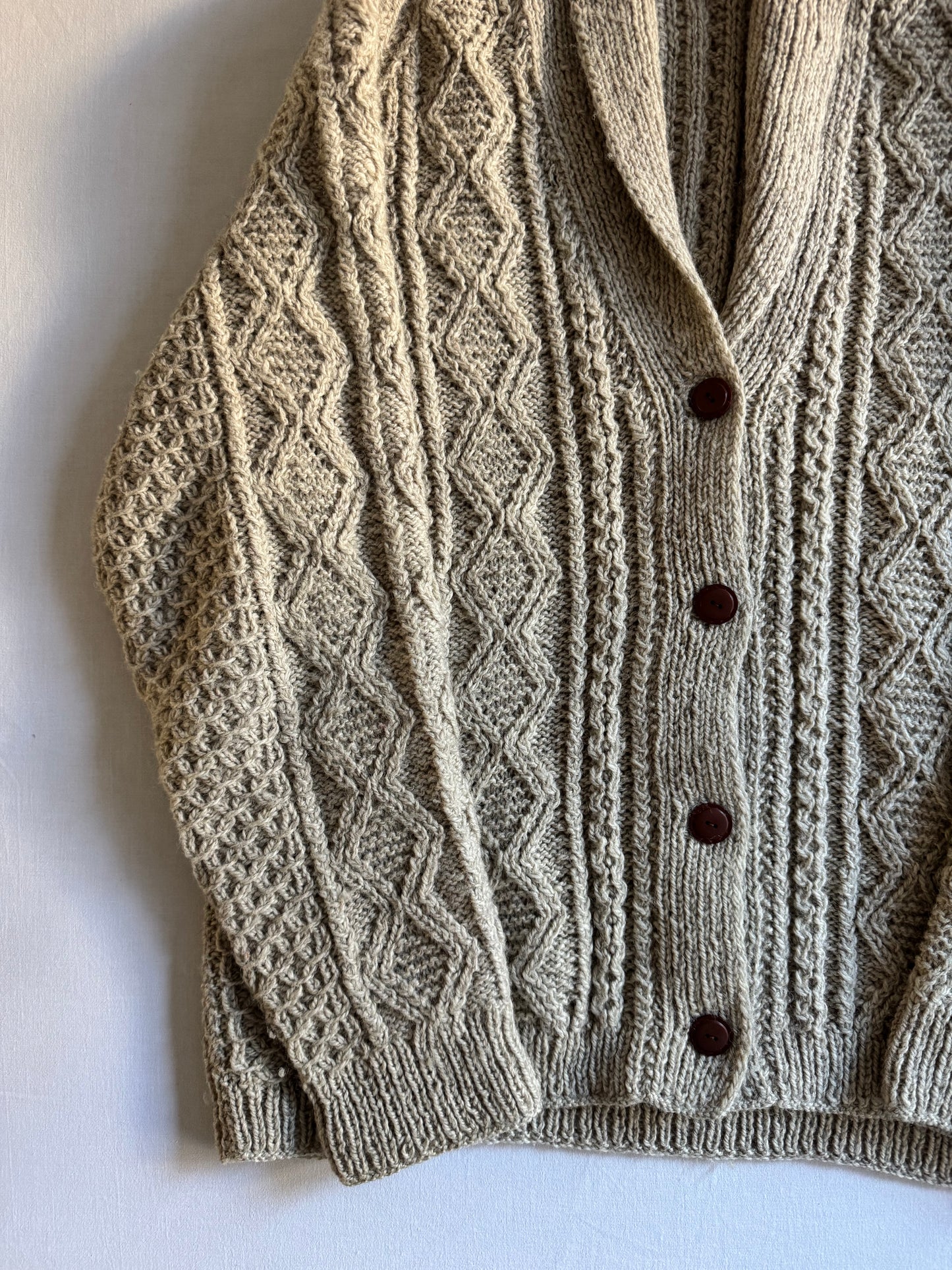 🧶 Cardigan vintage fisherman crem – 100% lână pură – mărimea L