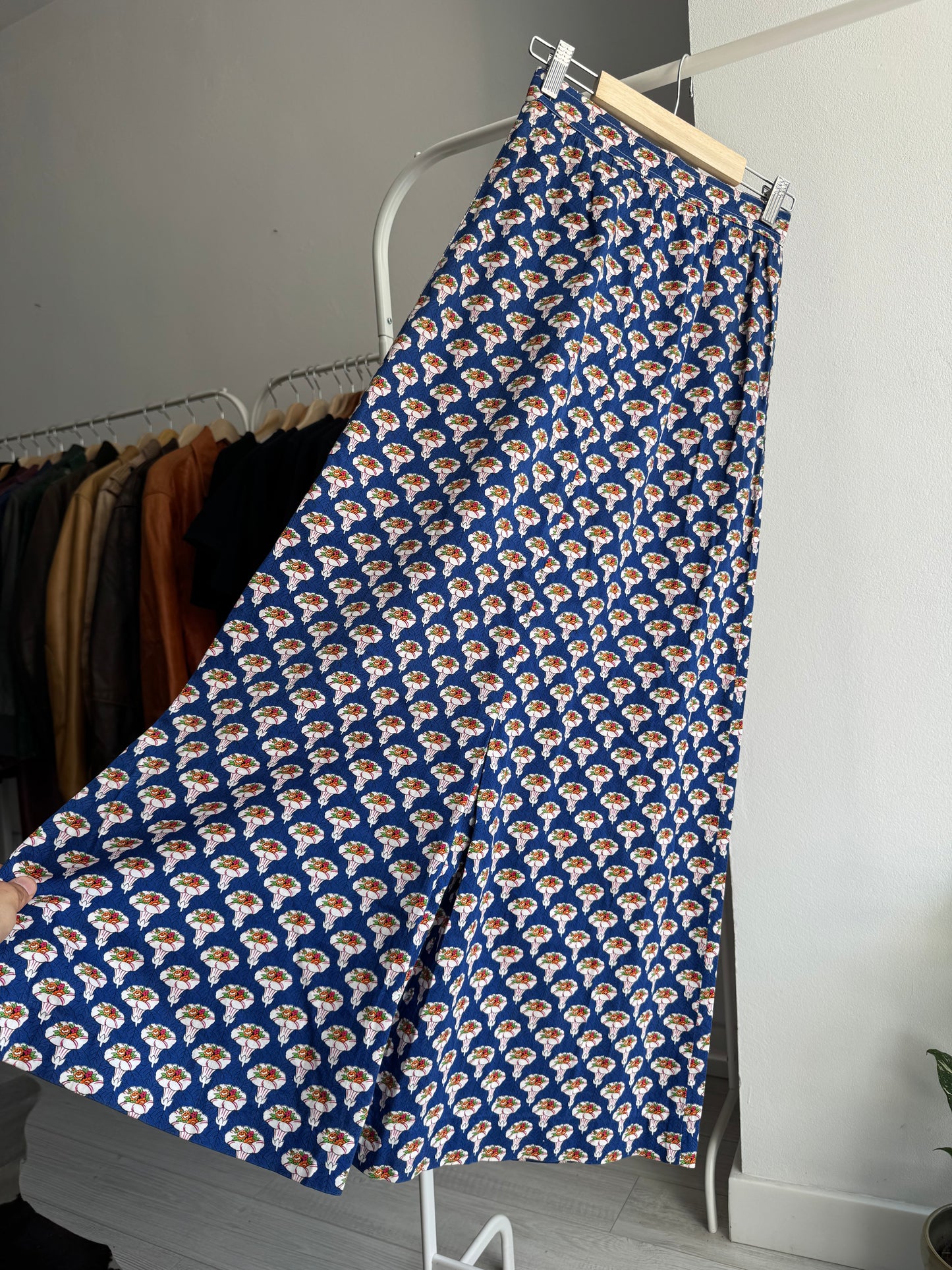 ☀️ Fustă Vintage Albastră cu Print A-Line – Approx. S Damă