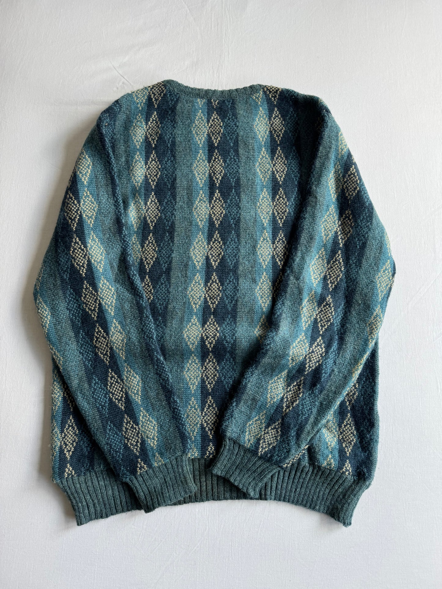 🧶 Pulover Vintage Albastru cu Model din Blend Lână & Alpaca – L (52)