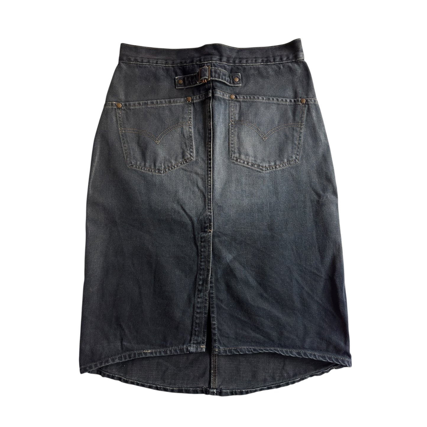 👖 Fustă Vintage Levi’s din denim cerat cu curea reglabilă la spate – mărimea S