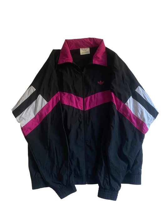 Geacă Windbreaker Vintage Adidas Anii ’80 – Negru/Alb/Roz – Mărime M/L (fit boxy M)