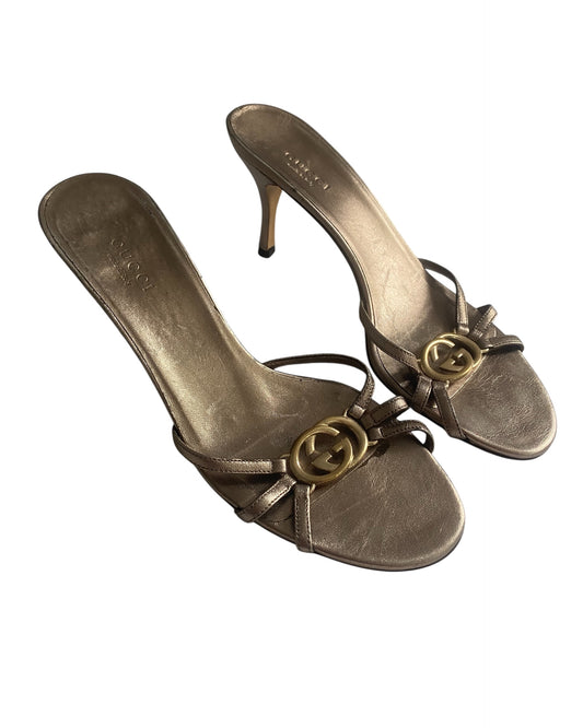 Vintage Gucci Double G Strappy Metallic Leather Sandal