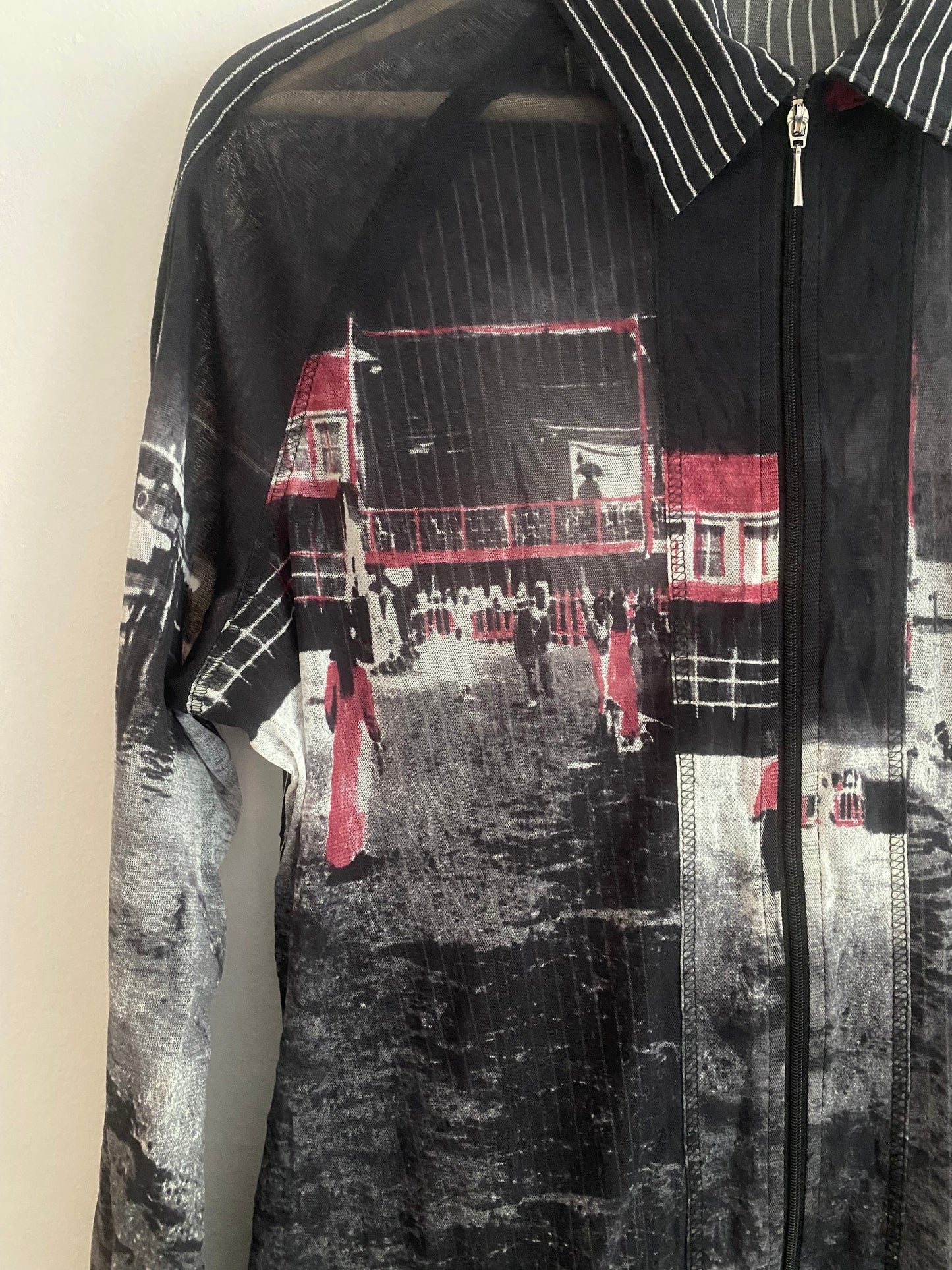 Top Vintage Y2K cu Mâneci Lungi și Fermoar – Mesh Print – IT 44 (Femei L