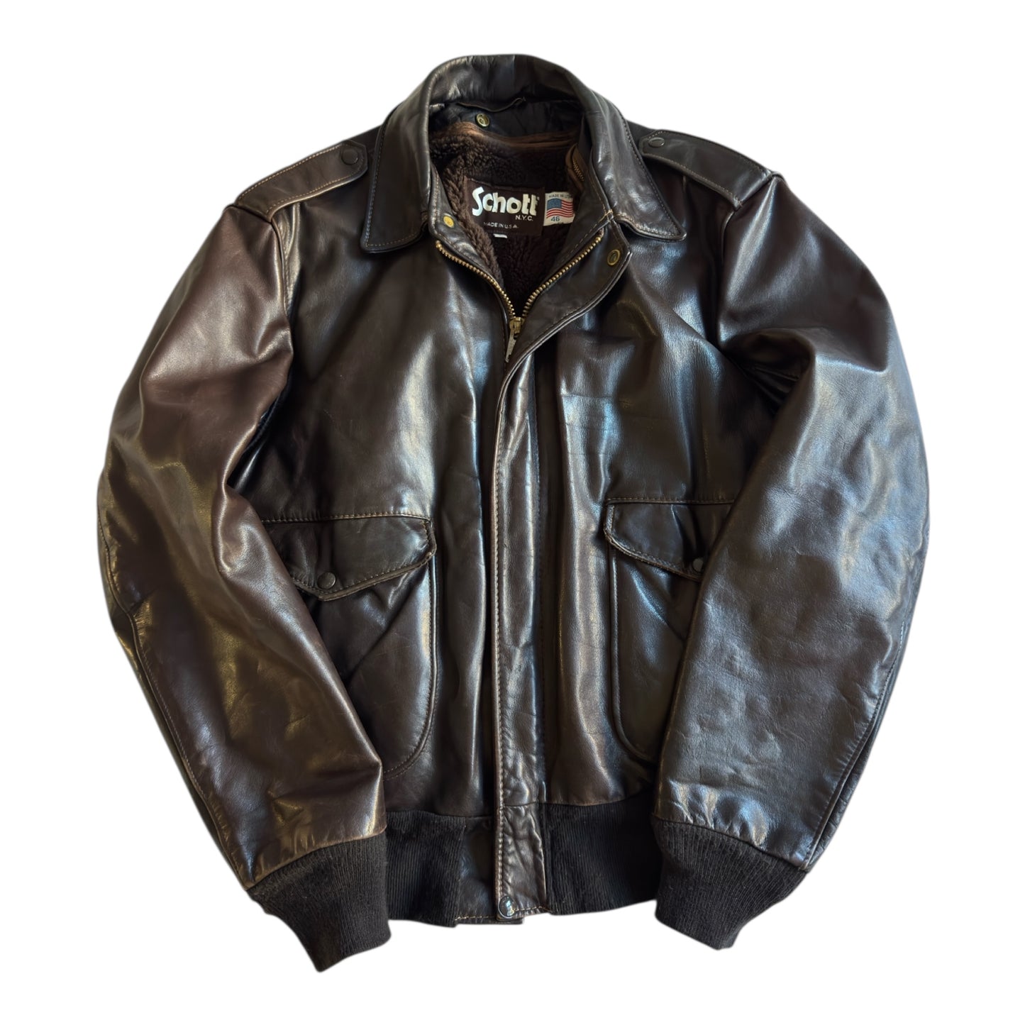 ✈️ Geacă de piele Schott NYC 184SM A-2 maro, bărbați L – piele de vacă autentică, Made in USA 🇺🇸