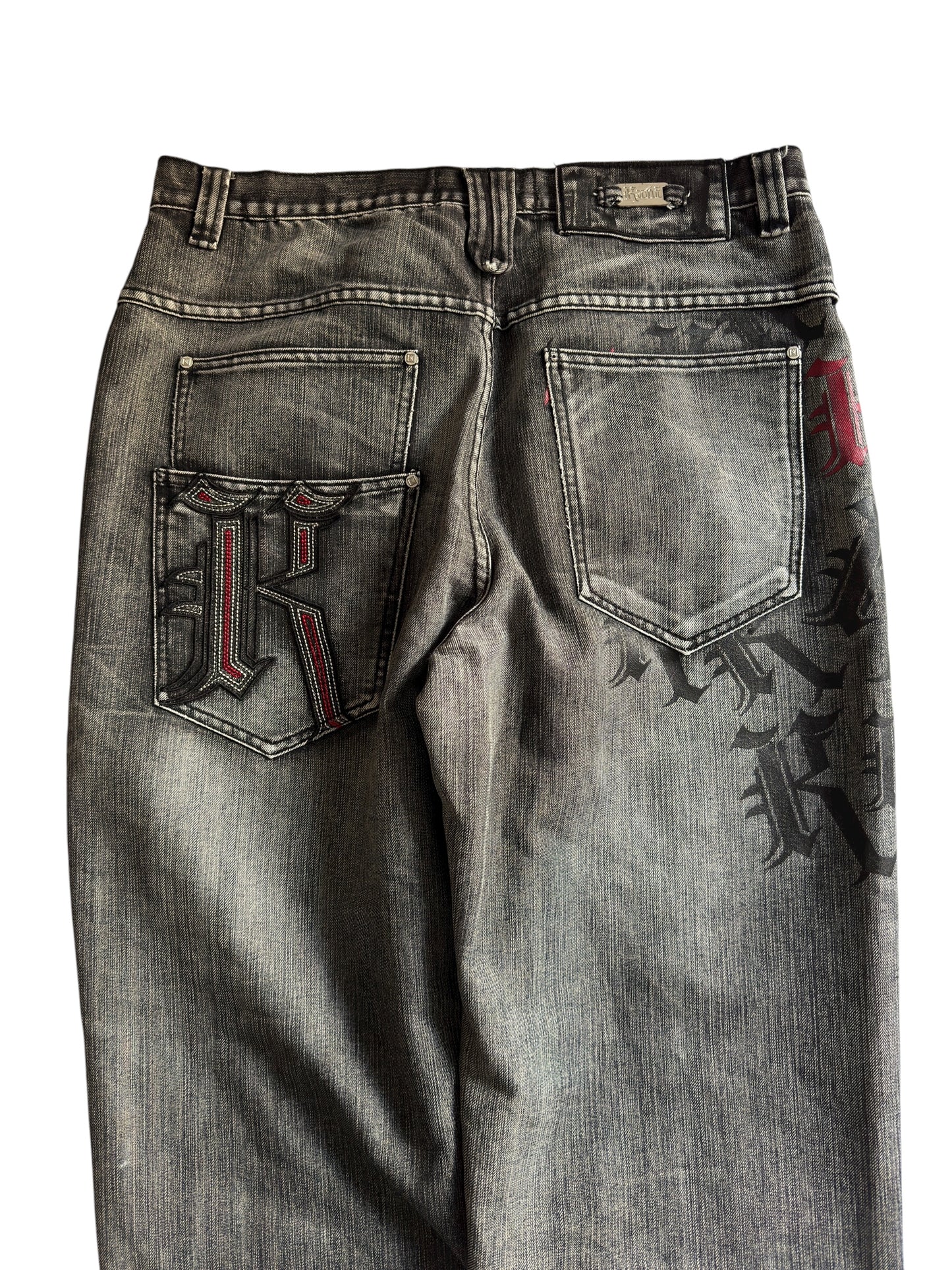 🎙️ Y2K Karl Kani Washed Black Baggy Jeans – W36 x L34 – Embroidered & Printed Details