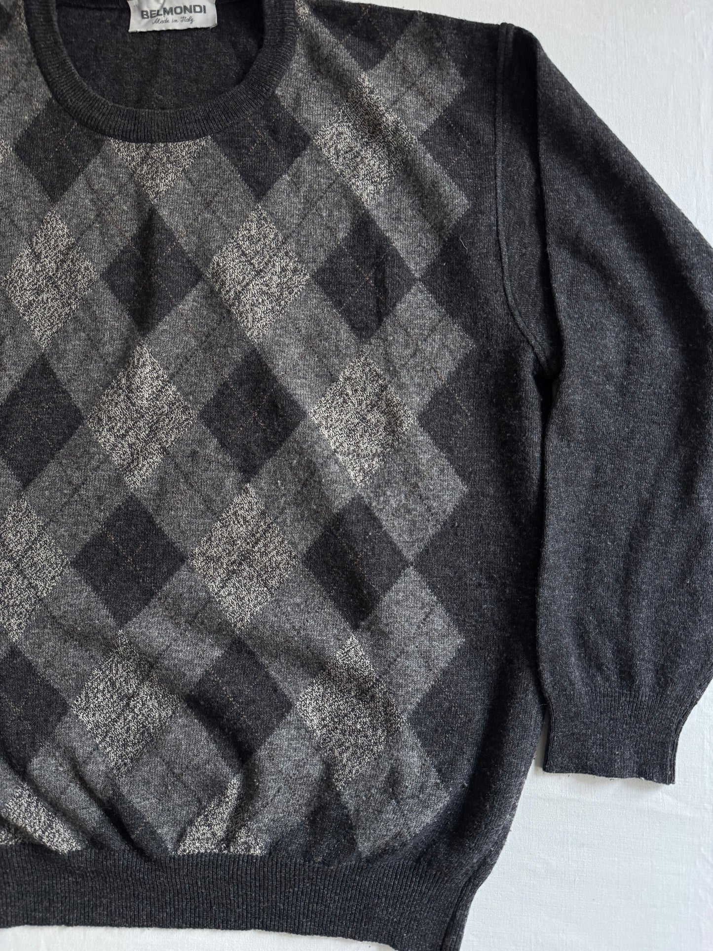 🧶 Pulover Vintage Gri Închis cu Model Argyle – Mărimea M