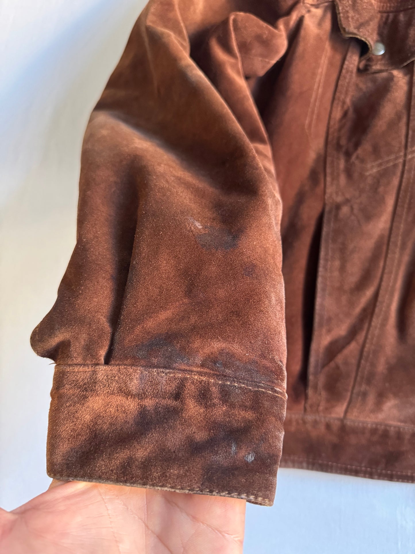 🏍️ Geacă vintage din piele întoarsă tip trucker – bărbați M – guler din piele, fabricată în Franța