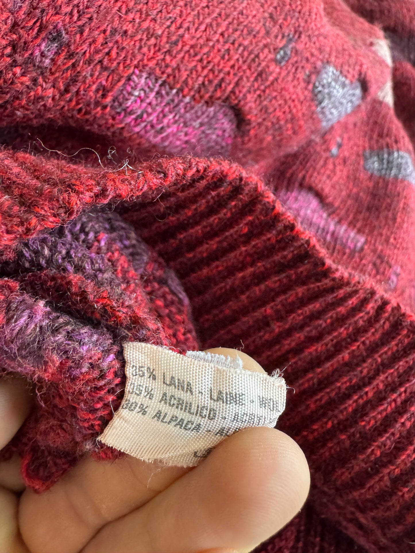 🧶 Pulover Vintage Bărbați Roșu Închis 3D Knit din Lână, Alpaca și Acril – L