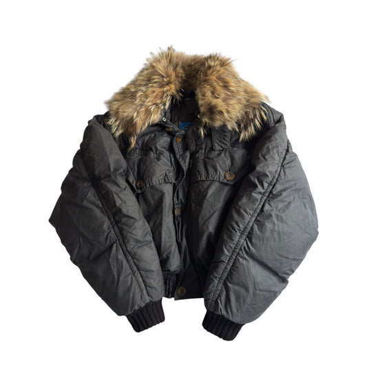 ⛷️ Geacă vintage Jet Set din puf natural cu guler din blană de raton – Made in Italy – mărime L