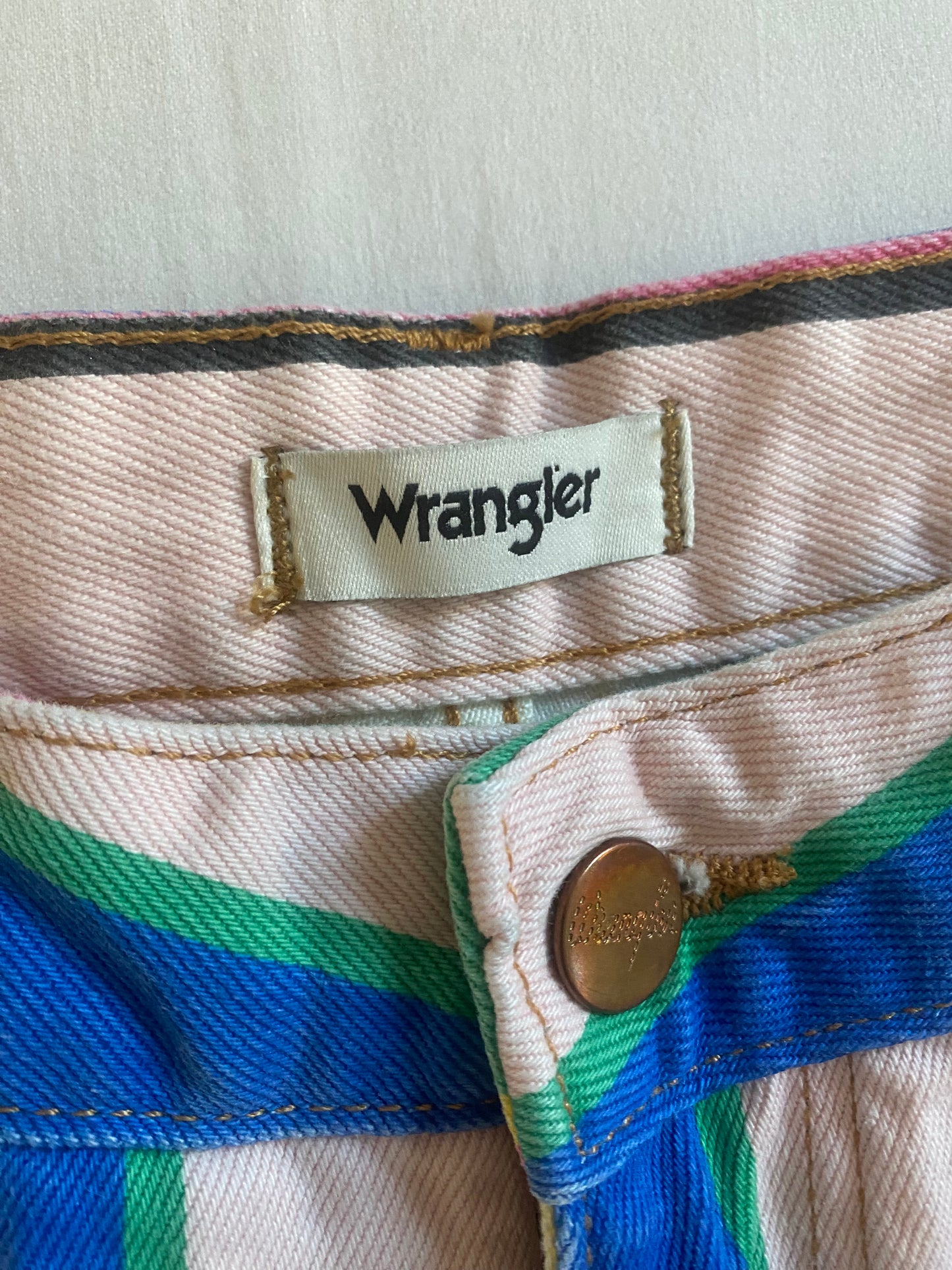 🍭 Jeanși Wrangler – Striped Colourful – High Rise Flared – W27 L34 – NWT