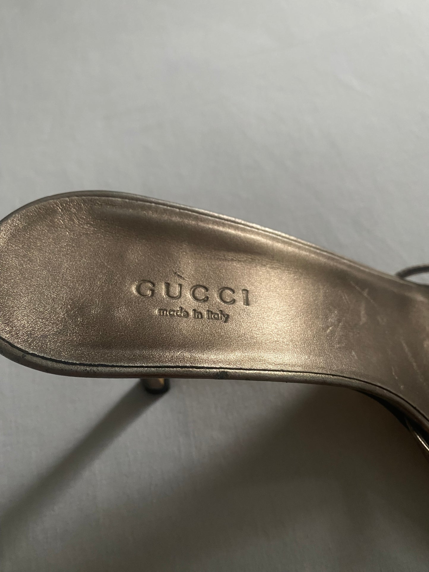 Vintage Gucci Double G Strappy Metallic Leather Sandal