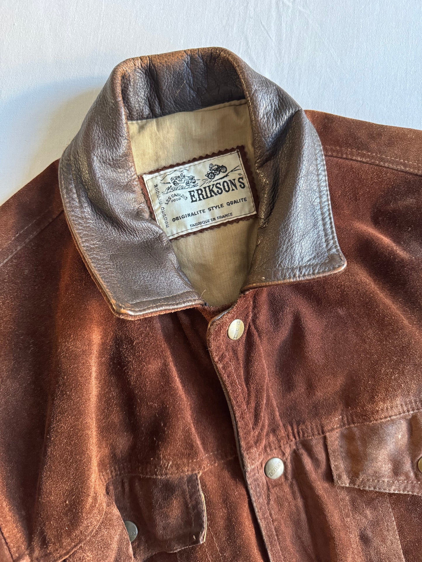 🏍️ Geacă vintage din piele întoarsă tip trucker – bărbați M – guler din piele, fabricată în Franța