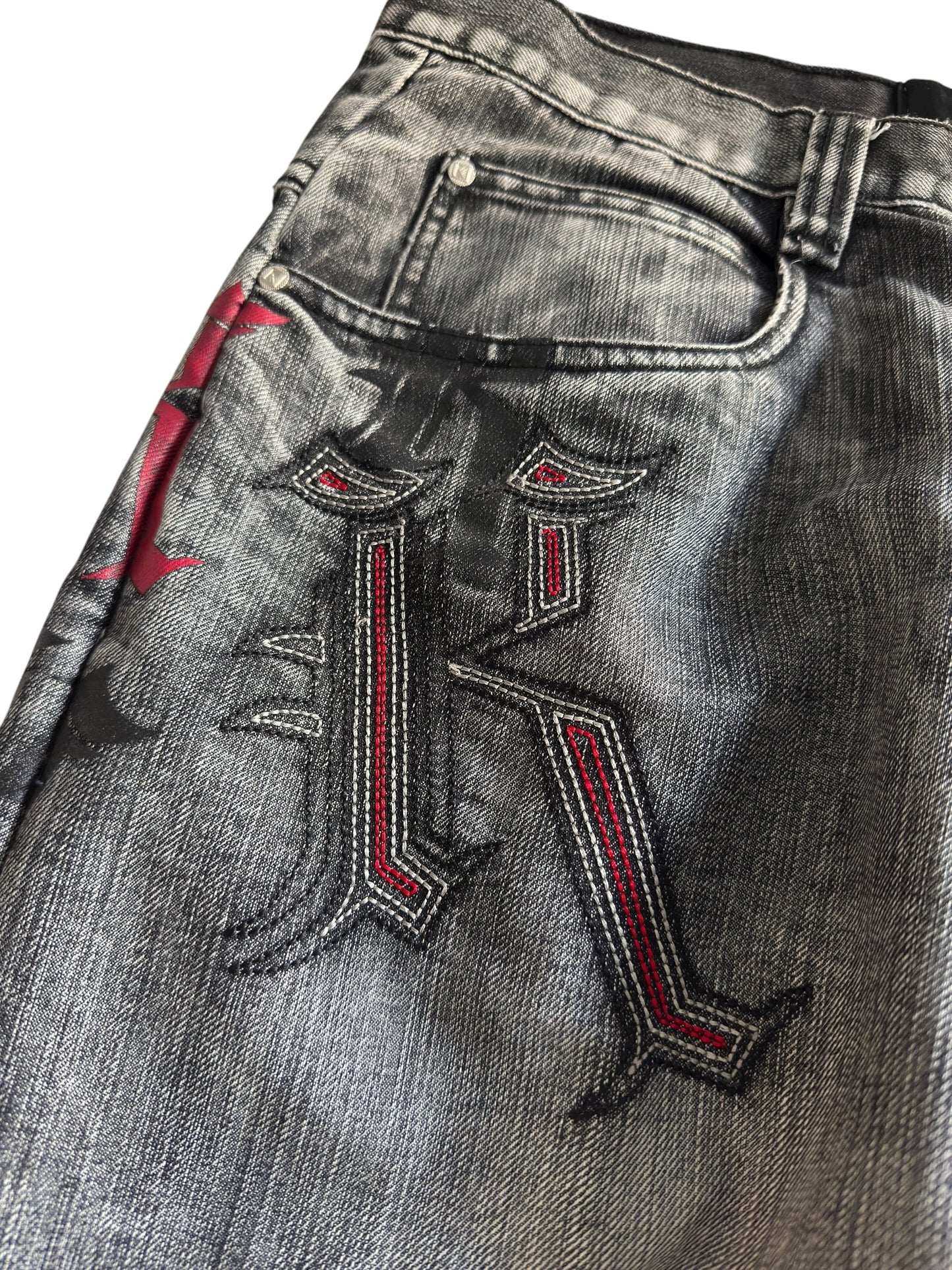 🎙️ Y2K Karl Kani Washed Black Baggy Jeans – W36 x L34 – Embroidered & Printed Details