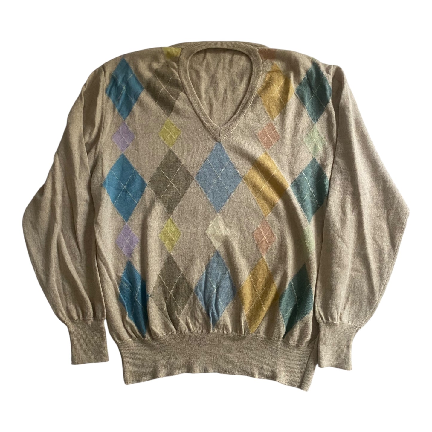 Pulover Vintage V-Neck – Cream Argyle Pattern – 100% Lână Virgină – Made in Italy – Men’s L