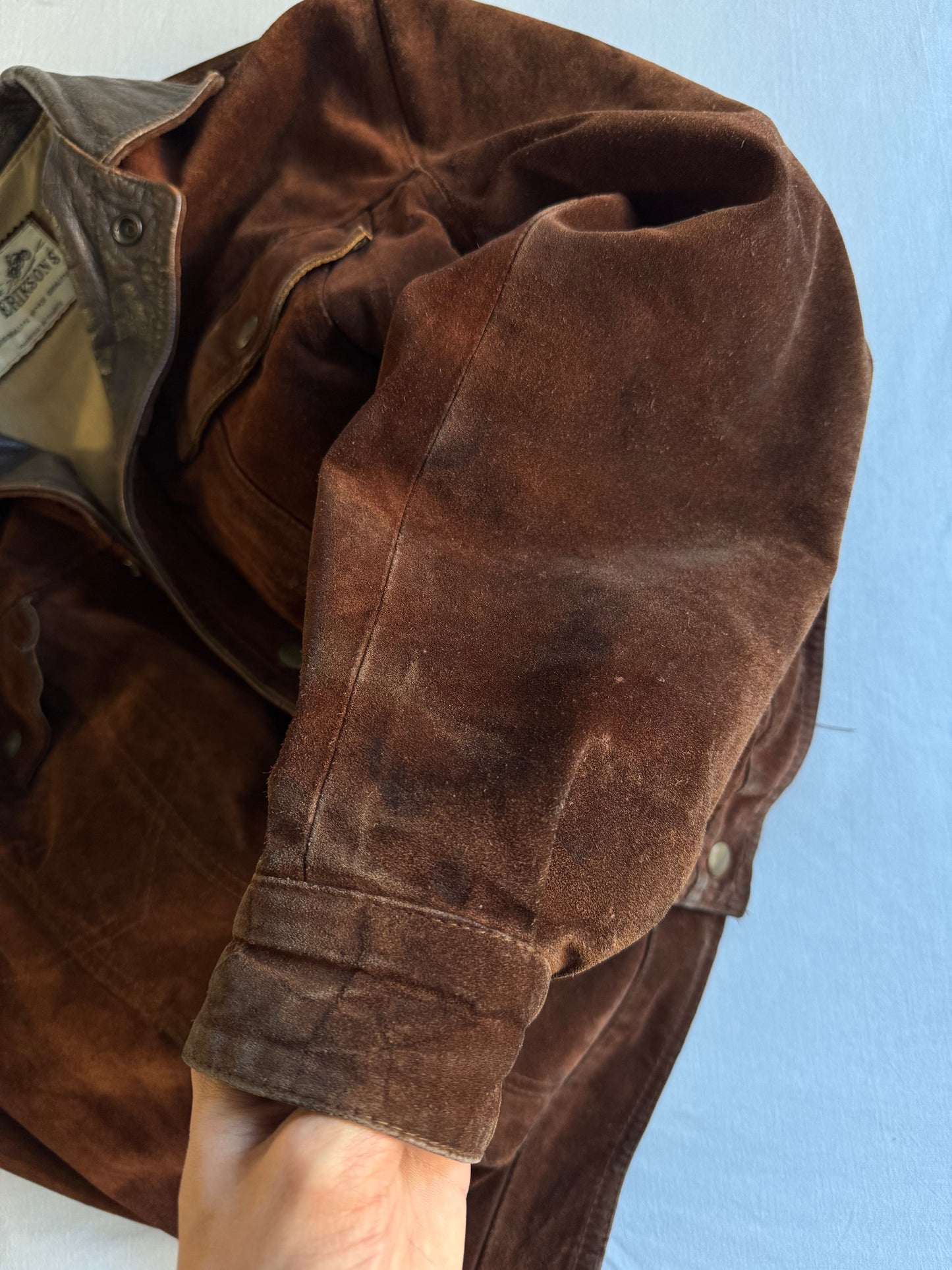 🏍️ Geacă vintage din piele întoarsă tip trucker – bărbați M – guler din piele, fabricată în Franța