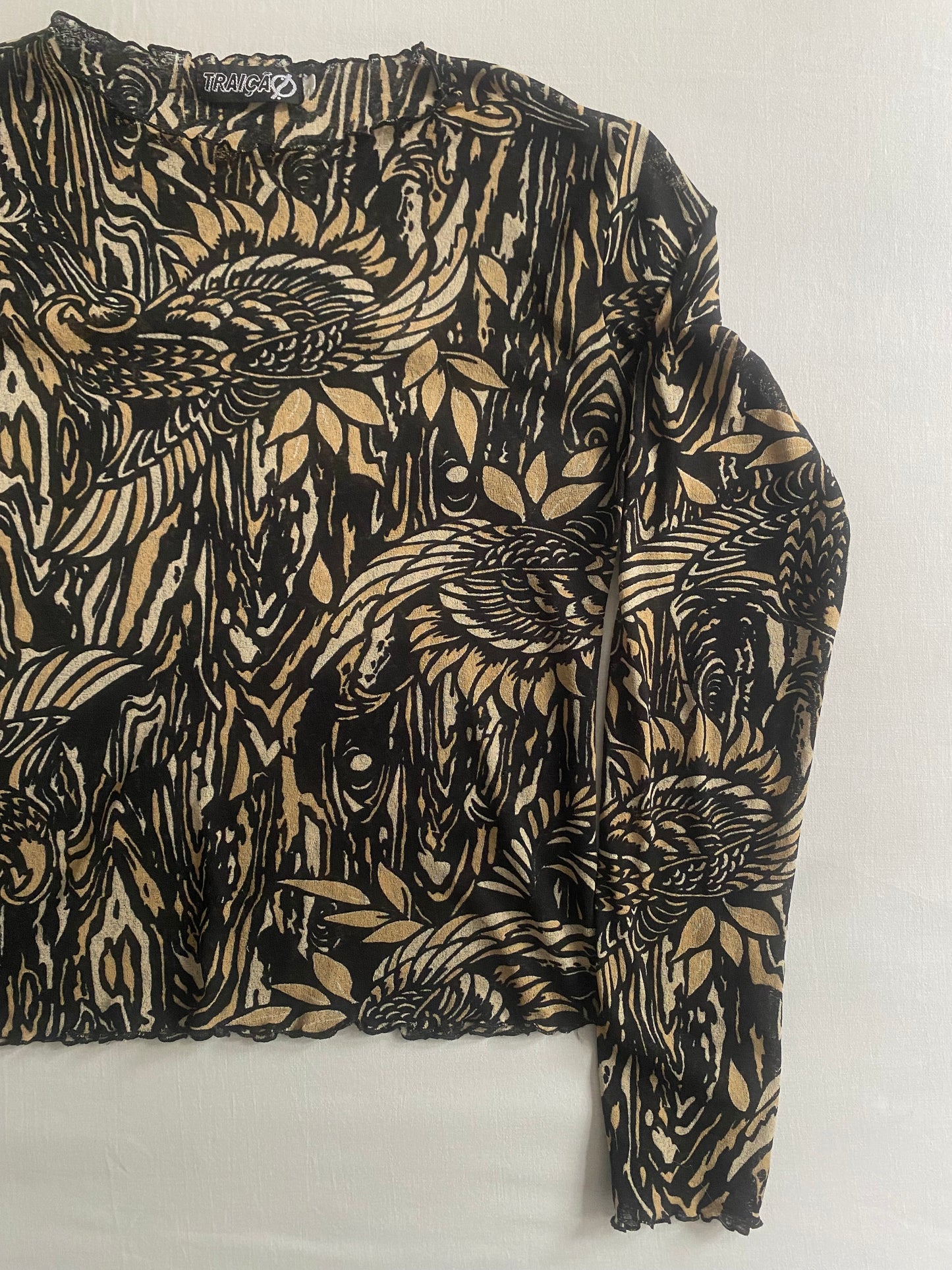 🖤 Top Vintage Mesh cu Mâneci Lungi – Print Abstract, Mărime L