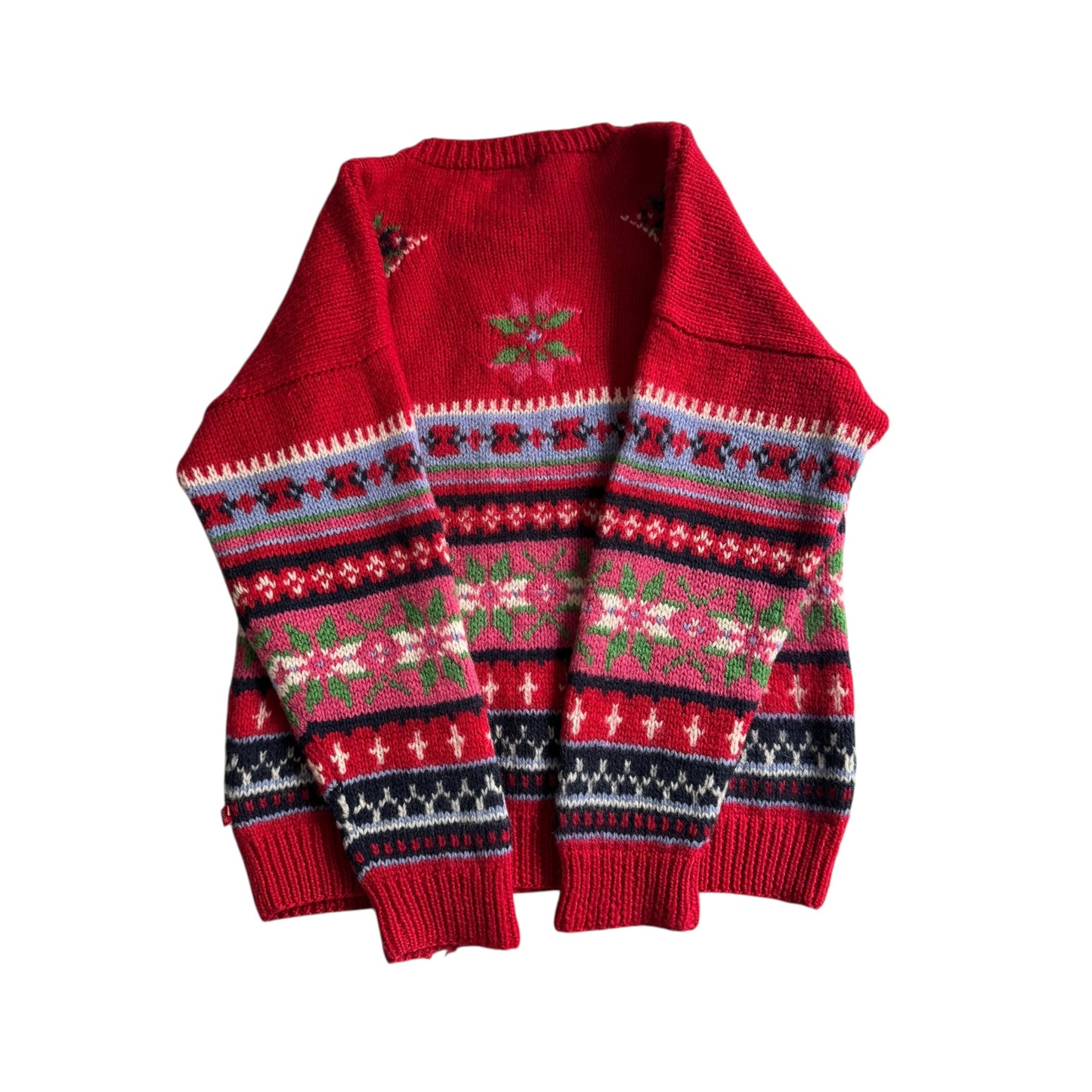 ❤️ Pulover Vintage Roșu cu Model Festiv – 100% Lână – Mărime M