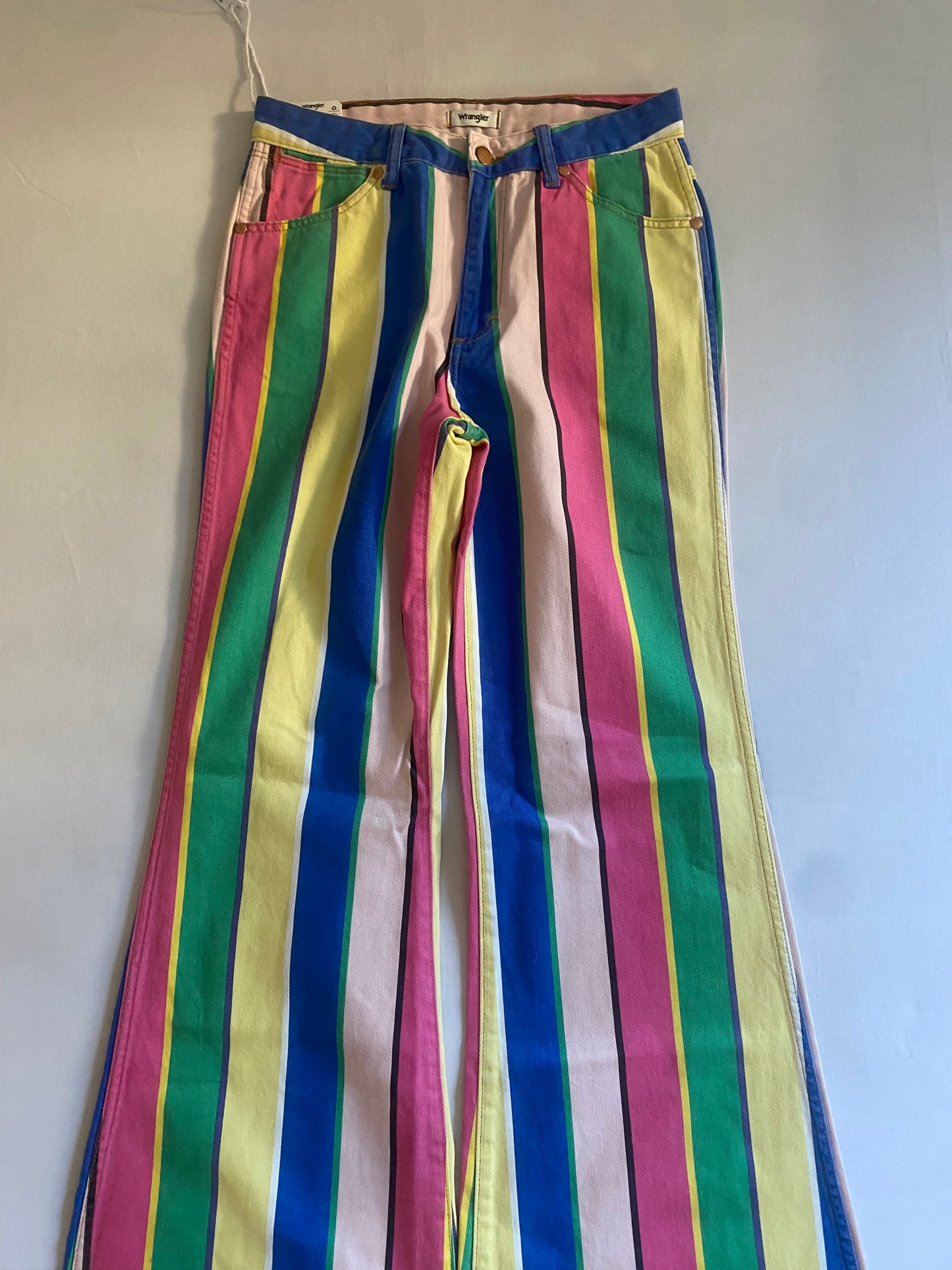 🍭 Jeanși Wrangler – Striped Colourful – High Rise Flared – W27 L34 – NWT