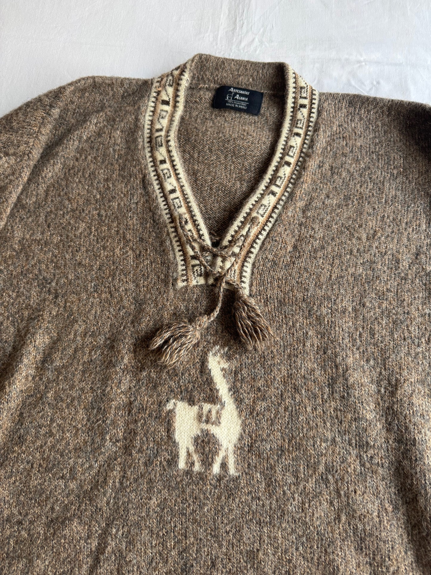 🦙 🧶 Pulover Vintage din Alpaca cu Decolteu în V – Marimea L