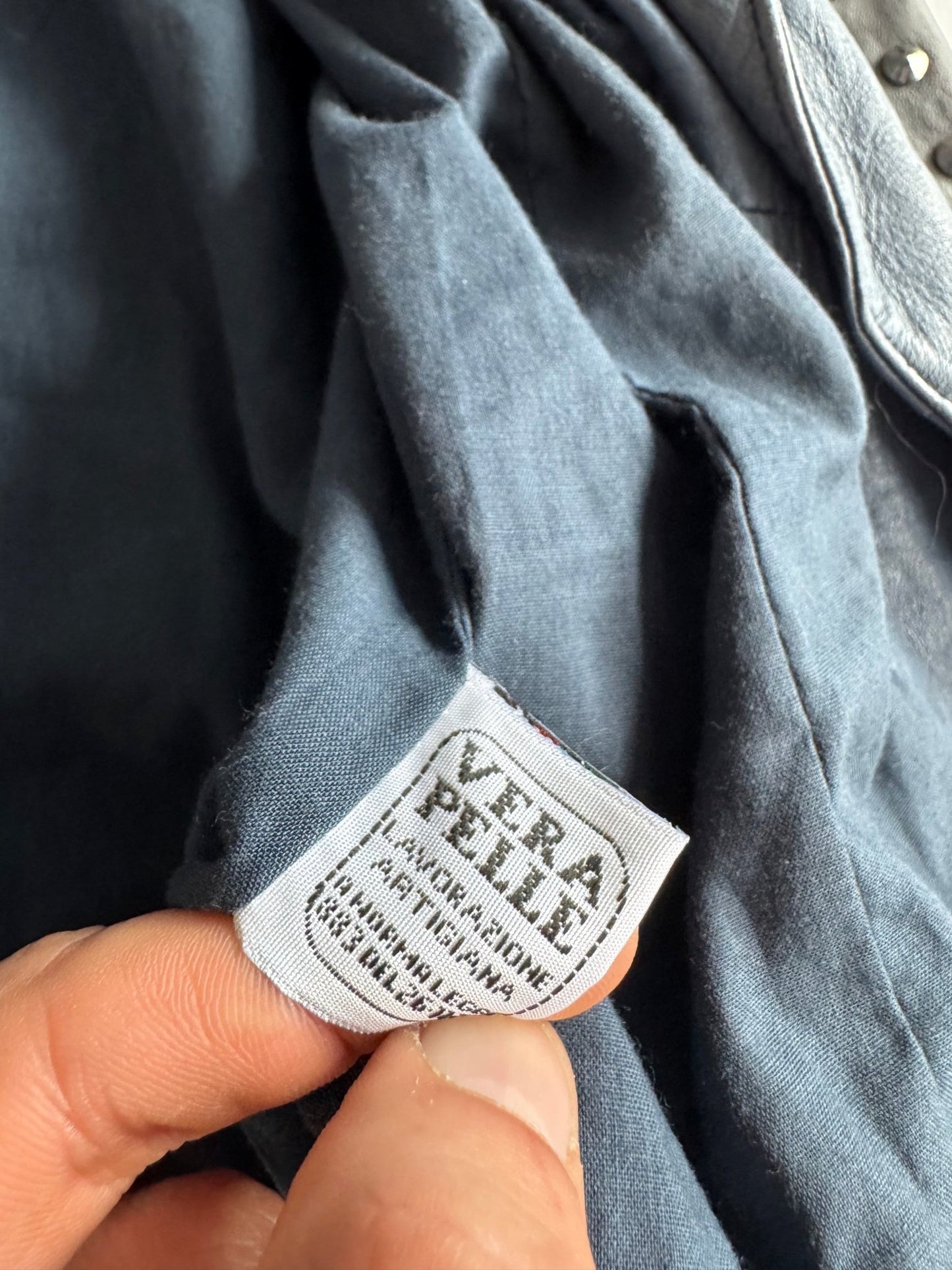 💙 Geacă Biker Y2K Damă din Piele Baby Blue Faded cu Ținte – L - anbracaminte