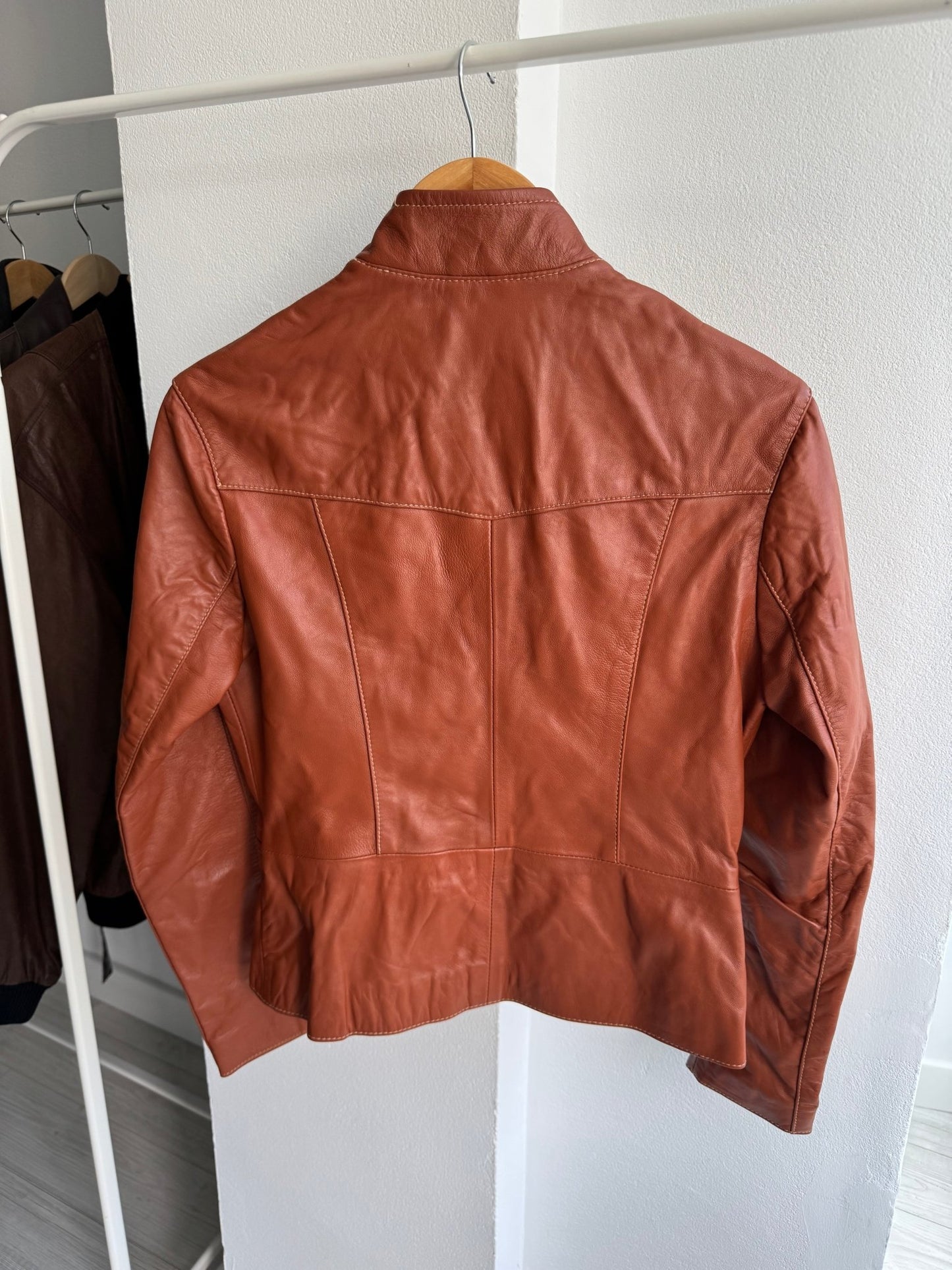 🤎 Geacă Y2K Damă Cafe Racer din Piele Caramel Brown – M (IT 42) – Made in Italy - anbracaminte
