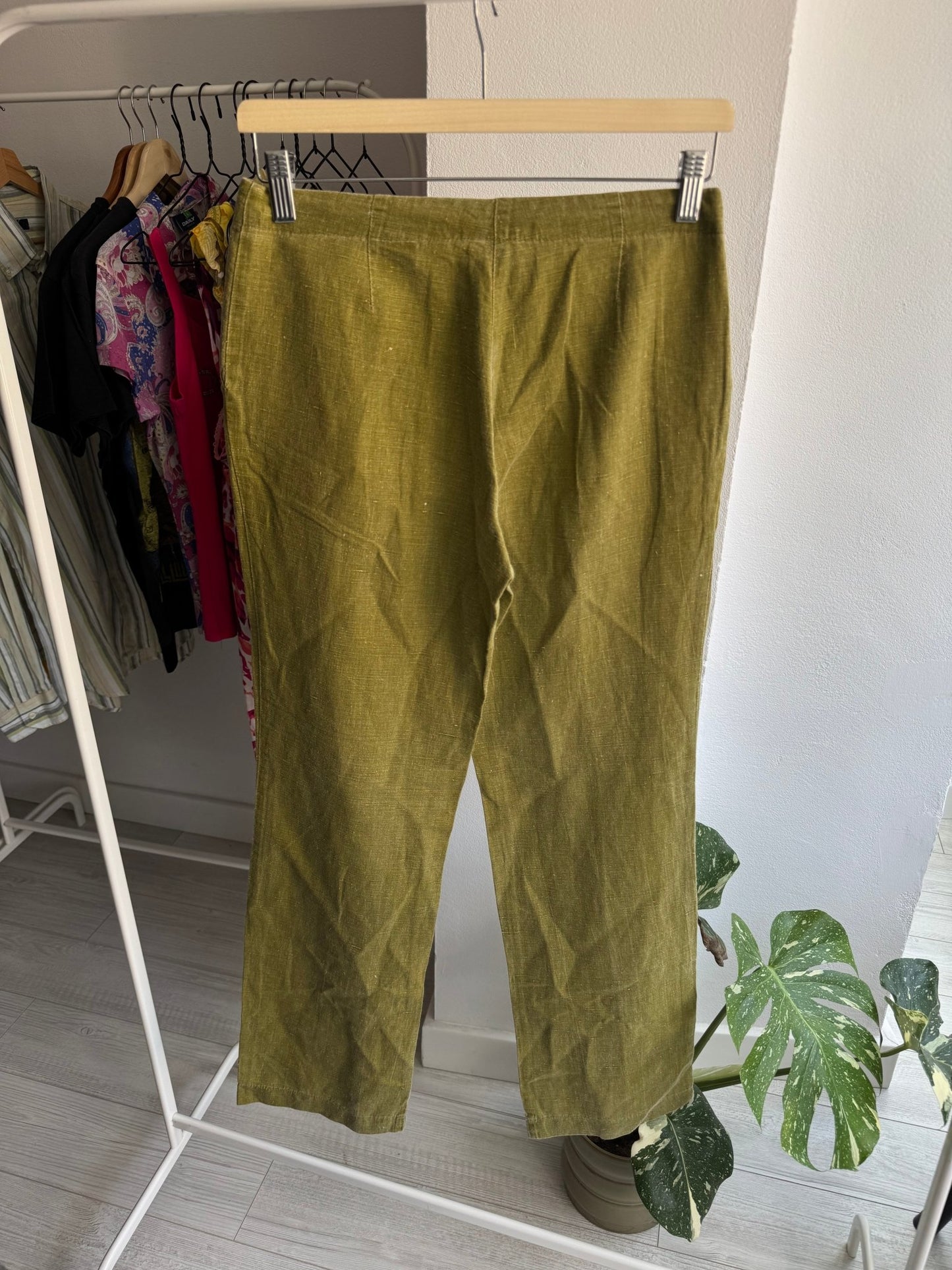 🫒 Pantaloni Y2K Oliv din In și Bumbac – IT 42 Damă (M) – Made in Italy - anbracaminte