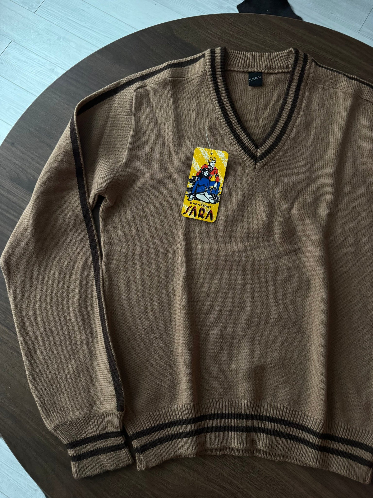 Pulover Lână Maro-Crem Vintage ’80 Bărbați | V Neck | M (48) - anbracaminte