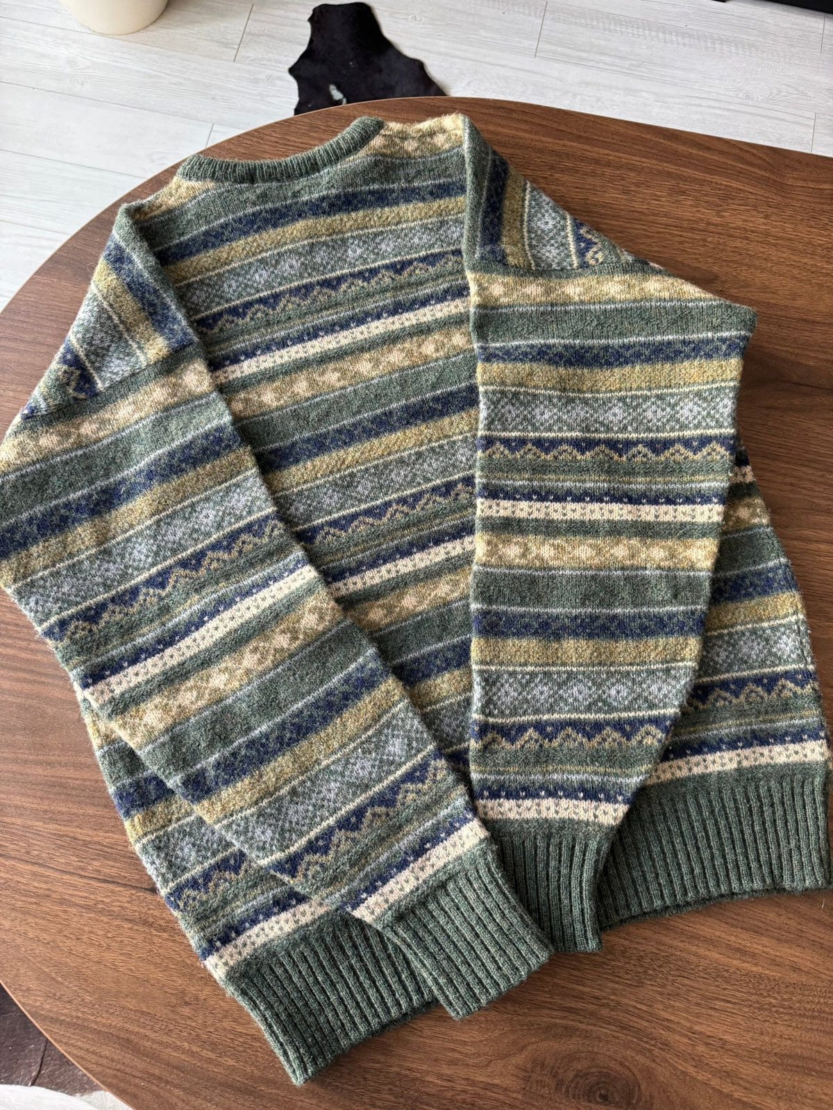 Pulover Lână Vintage Bărbați | Fair Isle Verde-Albastru | L - anbracaminte