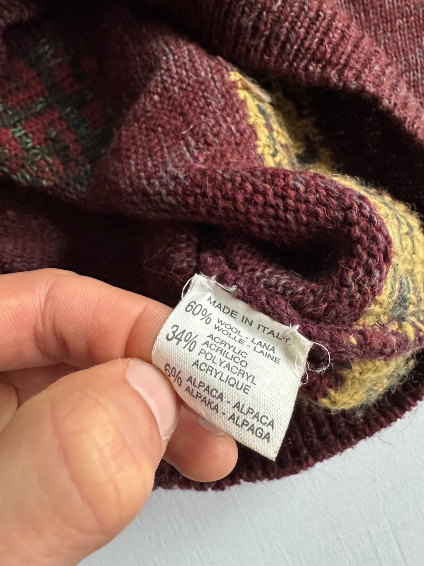 🧶 Pulover Vintage Bărbați Burgundy cu Model Etnic din Lână, Alpaca și Acril – 48 (M) - anbracaminte