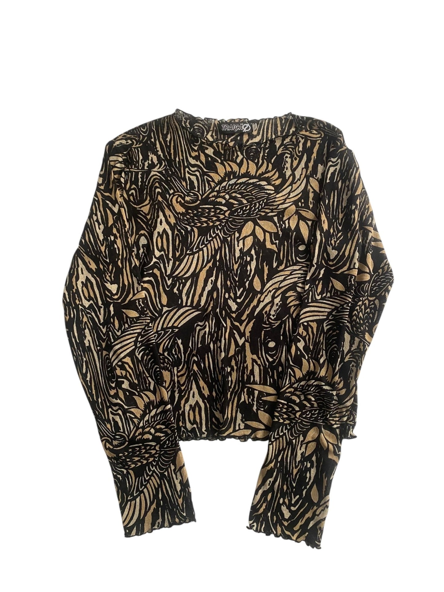 🖤 Top Vintage Mesh cu Mâneci Lungi – Print Abstract, Mărime L - anbracaminte