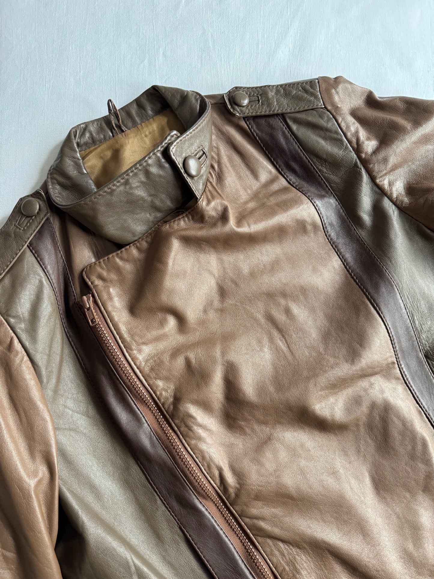 🏍️ Geacă vintage biker din piele / Maro & Olive (Women’s L)