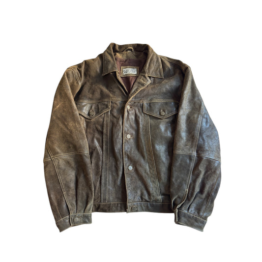 🧥 Jachetă Trucker Vintage din Piele întoarsă – Mărimea L – Patină Autentică