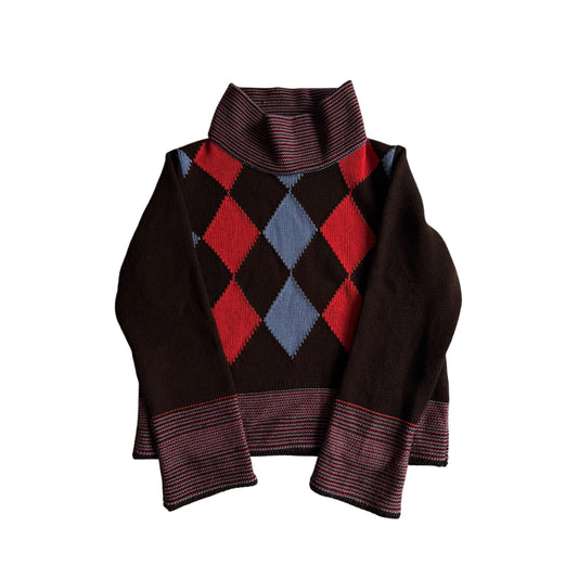 🧶 Pulover Vintage Damă Maro Închis din Lână Merino cu Model Argyle – S