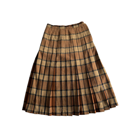 🪵 Fustă Vintage Plisată din Lână în Carouri Maro – aprox. S