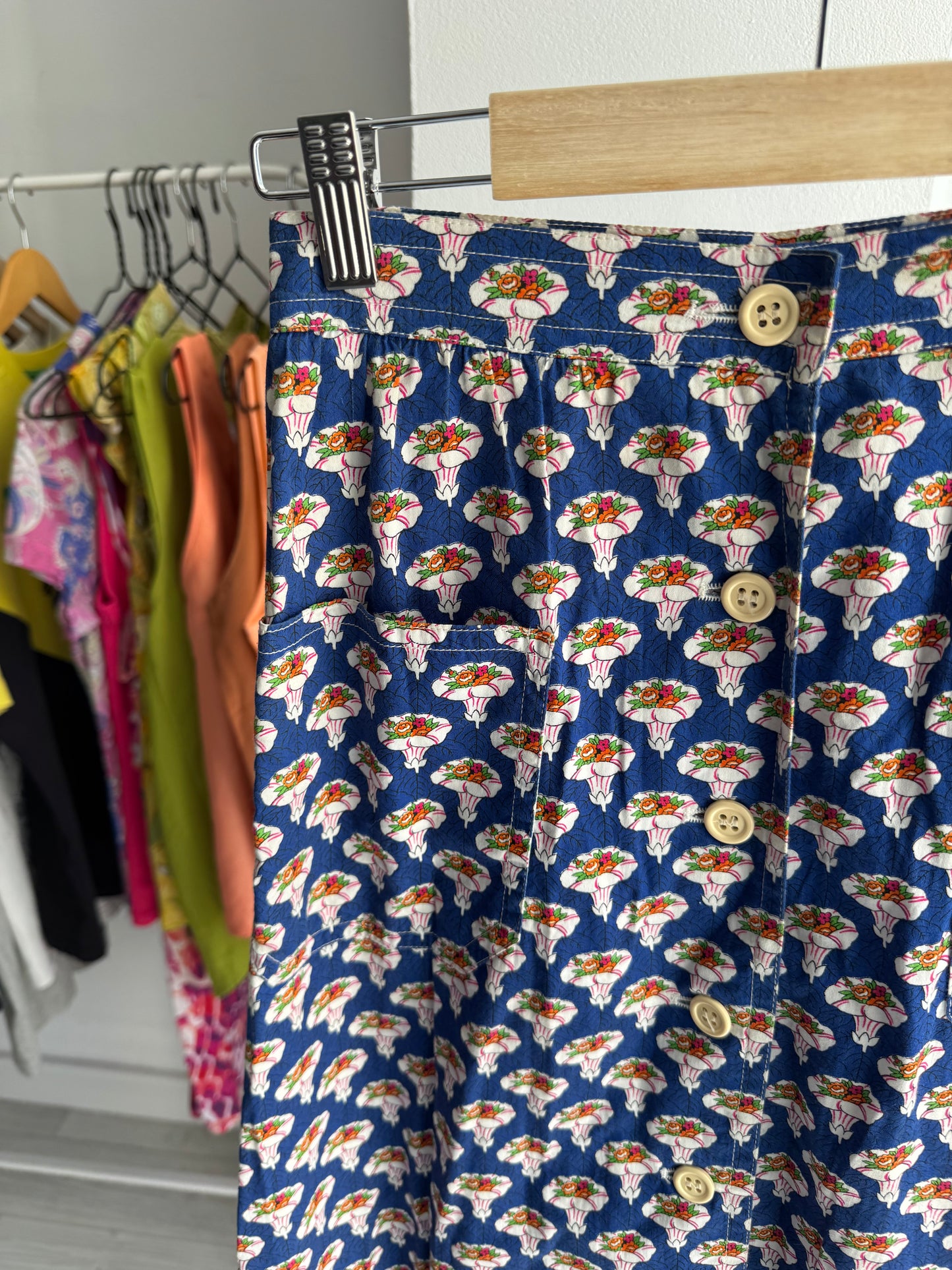 ☀️ Fustă Vintage Albastră cu Print A-Line – Approx. S Damă