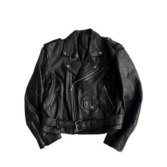 🏍️ Geacă vintage din piele biker / Cu ținte pe umăr (M bărbați)