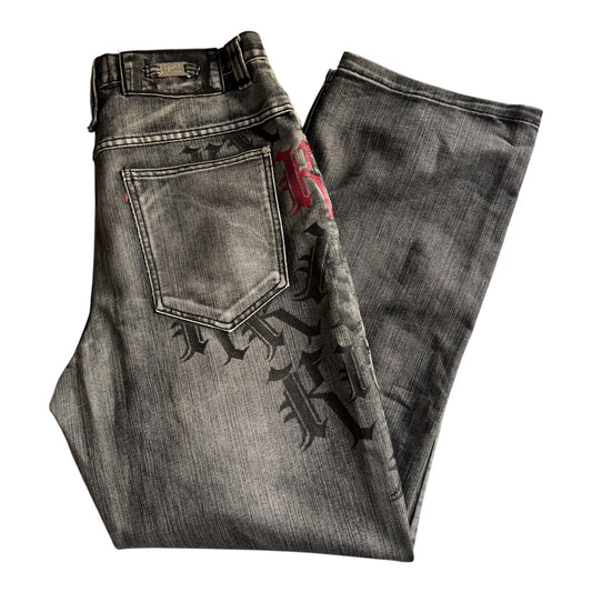 🎙️ Y2K Karl Kani Washed Black Baggy Jeans – W36 x L34 – Embroidered & Printed Details