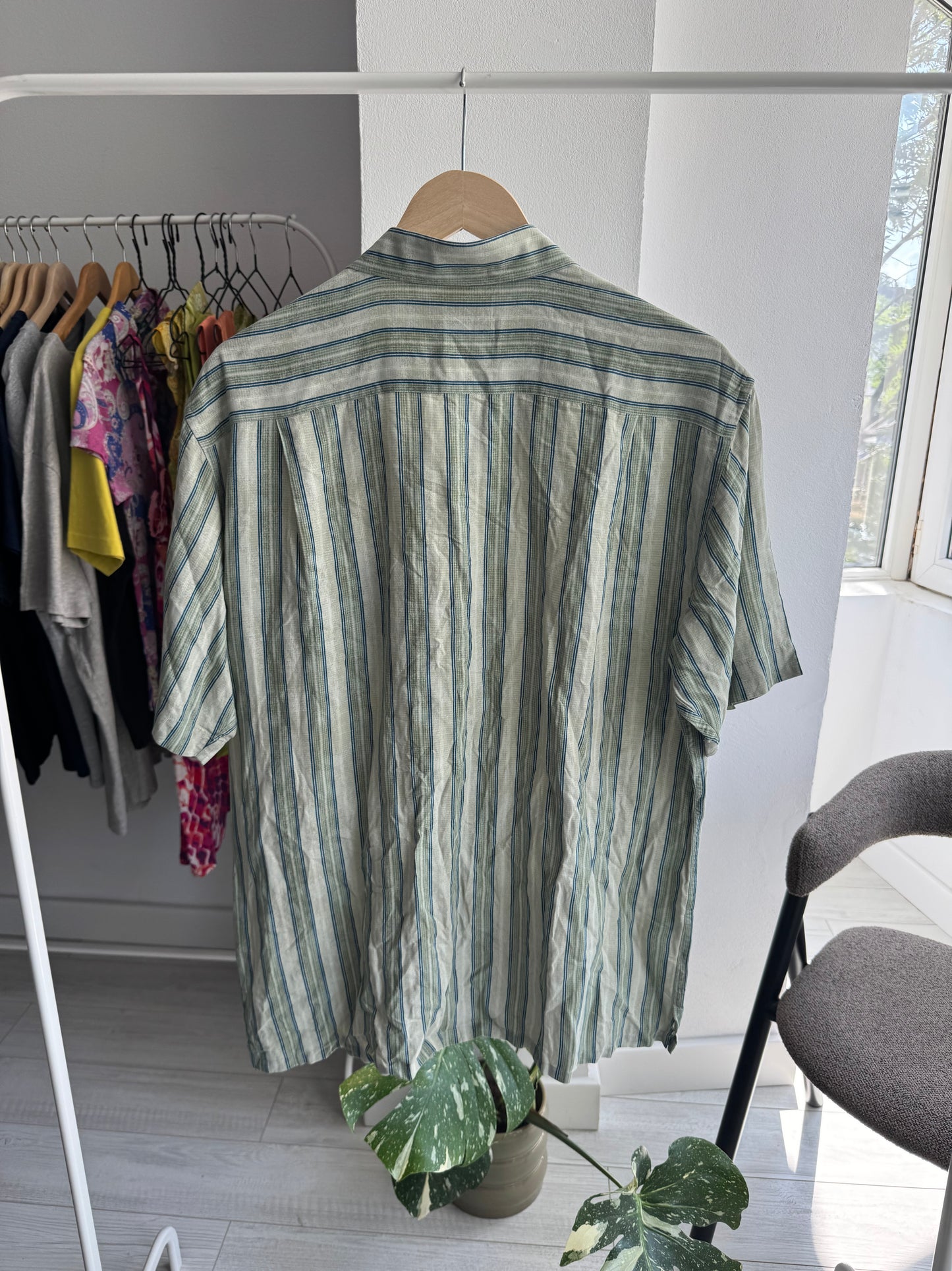 ☀️ Cămașă Mânecă Scurtă Dungi Blend Mătase & In Oversized – M Bărbați